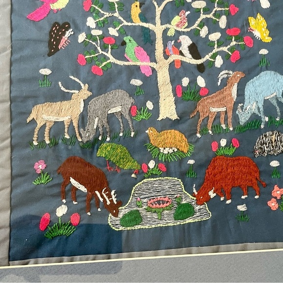 Framed Embroidered Animal Tree Art in Blue Mat 18/22 Inch - Picture 8 of 11